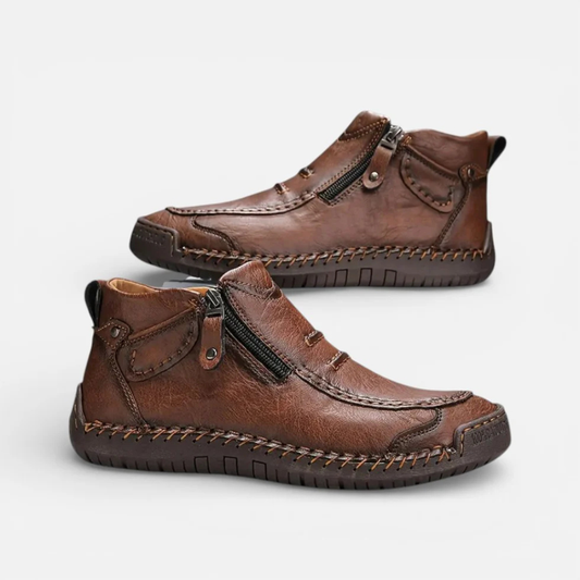 Men's Leather Ankle Shoes - Stitched Casual Zip-Up Boots