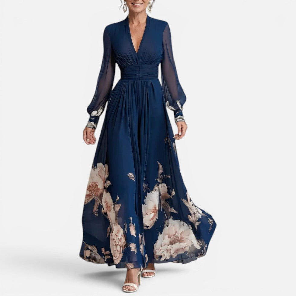 Women's Floral Maxi Dress with V-Neck and Long Sleeves