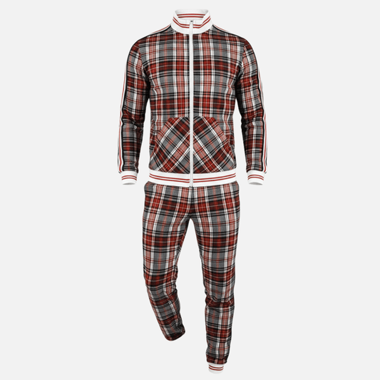 Men’s Plaid Tracksuit Set – Zip-Up Jacket and Jogger Set