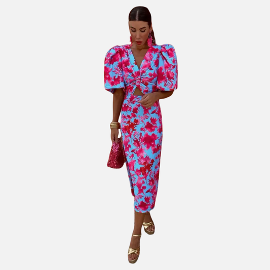 Midi Floral Dress with Puff Sleeves