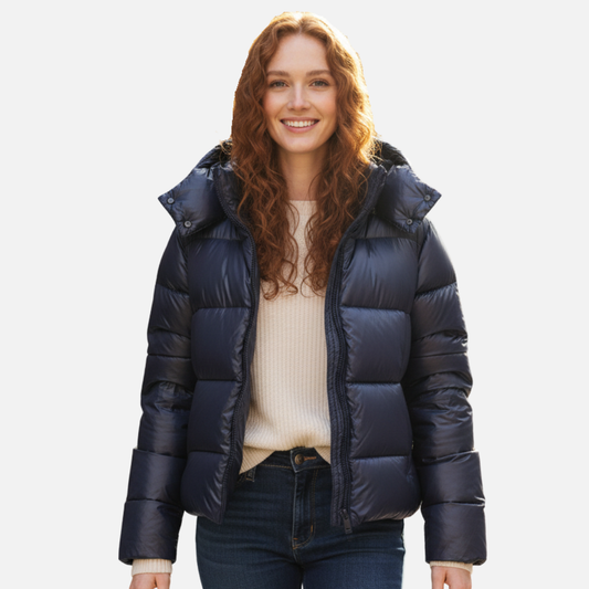Glossy Puffer Jacket with Hood for Women