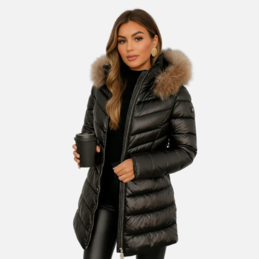 Women's Long Puffer Coat with Faux Fur Hood
