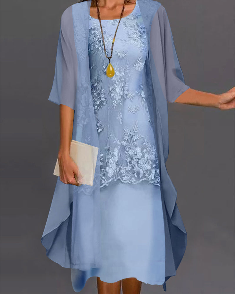 Women's Chiffon Midi Dress – Lace Overlay, Sheer Sleeves
