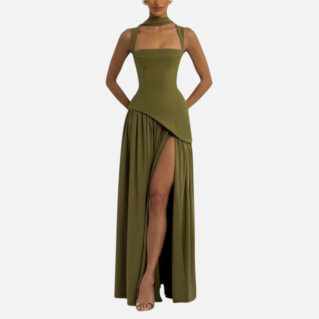 Maxi Halter Dress Olive Green with Slit
