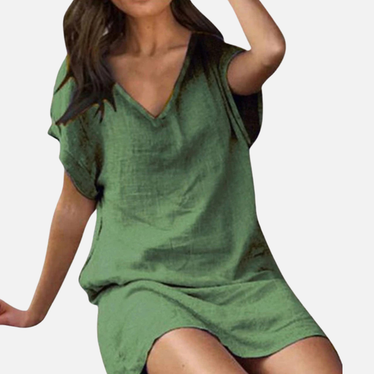Linen Short Sleeve Dress with V-Neck