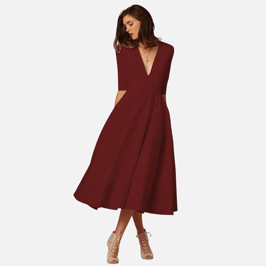 Women's V-Neck A-Line Midi Dress - Elegant Half-Sleeve Fit