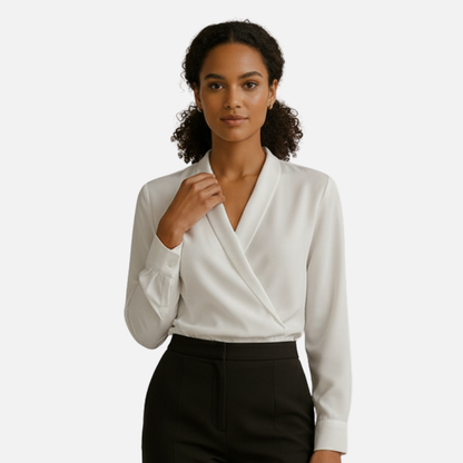 Women’s Elegant Wrap Blouse – Long Satin Sleeve V-Neck Top