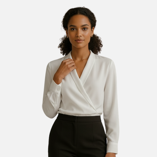 Women’s Elegant Wrap Blouse – Long Satin Sleeve V-Neck Top