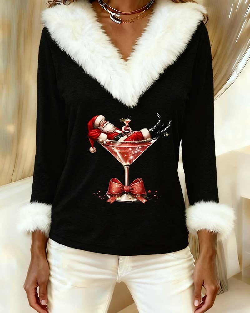 Women's V-Neck Faux Fur Trim Graphic Top