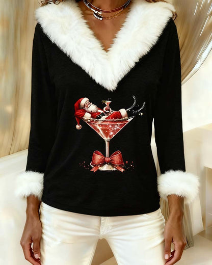 Women's V-Neck Faux Fur Trim Graphic Top