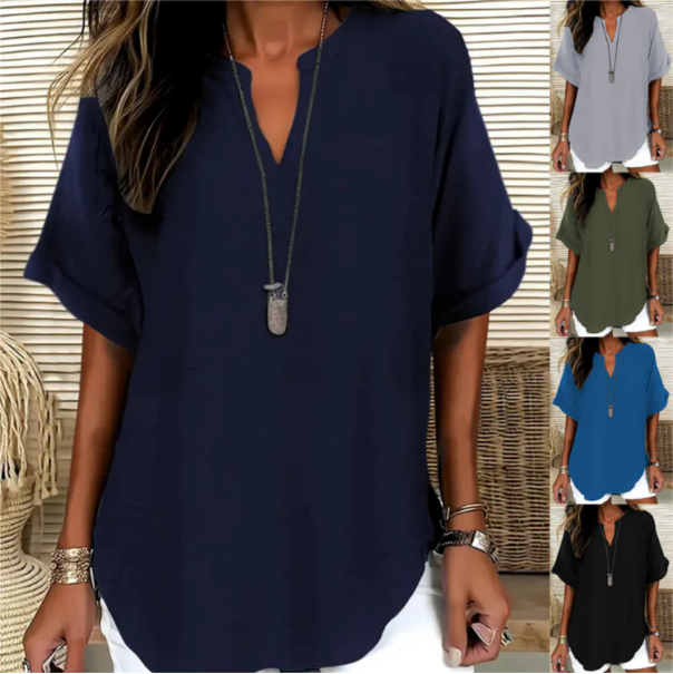 Women's V-Neck Blouse with Rolled Short Sleeves