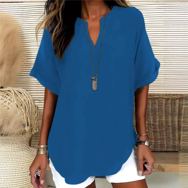 Women's V-Neck Blouse with Rolled Short Sleeves