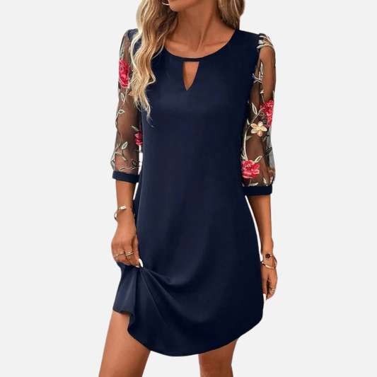 Women's Floral Embroidered Mesh Sleeve Shift Dress