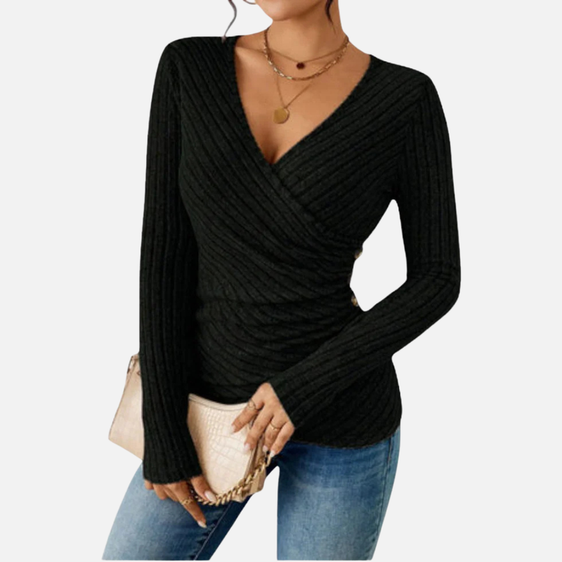 Women's Top – Wrap-Front, Long Sleeve, Ribbed