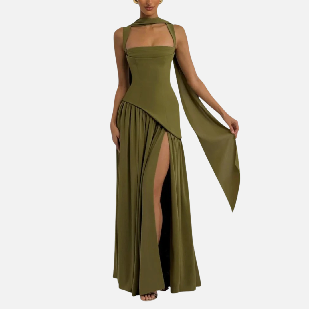 Maxi Halter Dress Olive Green with Slit