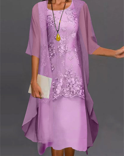 Women's Chiffon Midi Dress – Lace Overlay, Sheer Sleeves