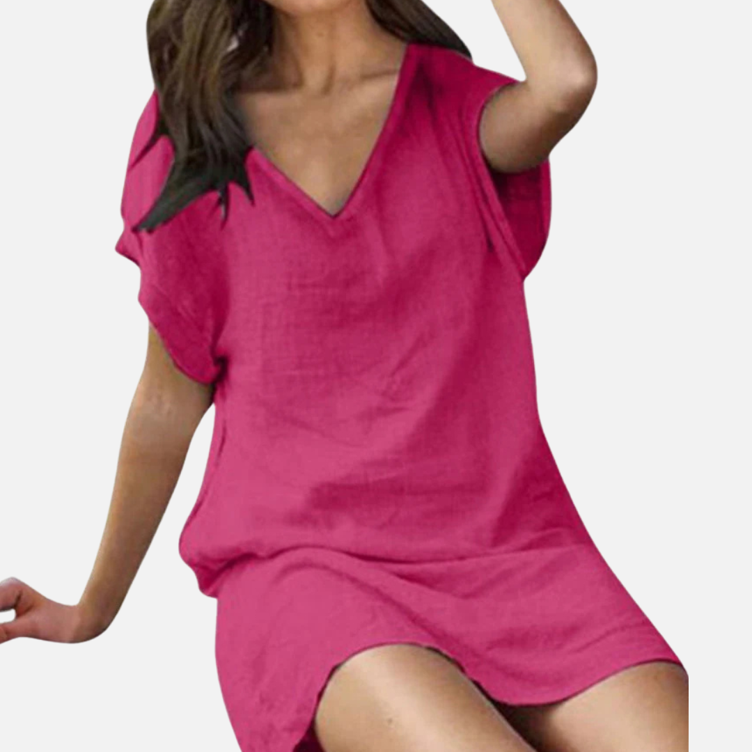Linen Short Sleeve Dress with V-Neck