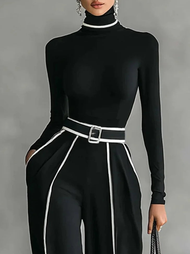 Women's High Neck Top and Wide-Leg Pants Set with Belt
