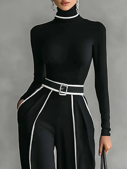 Women's High Neck Top and Wide-Leg Pants Set with Belt