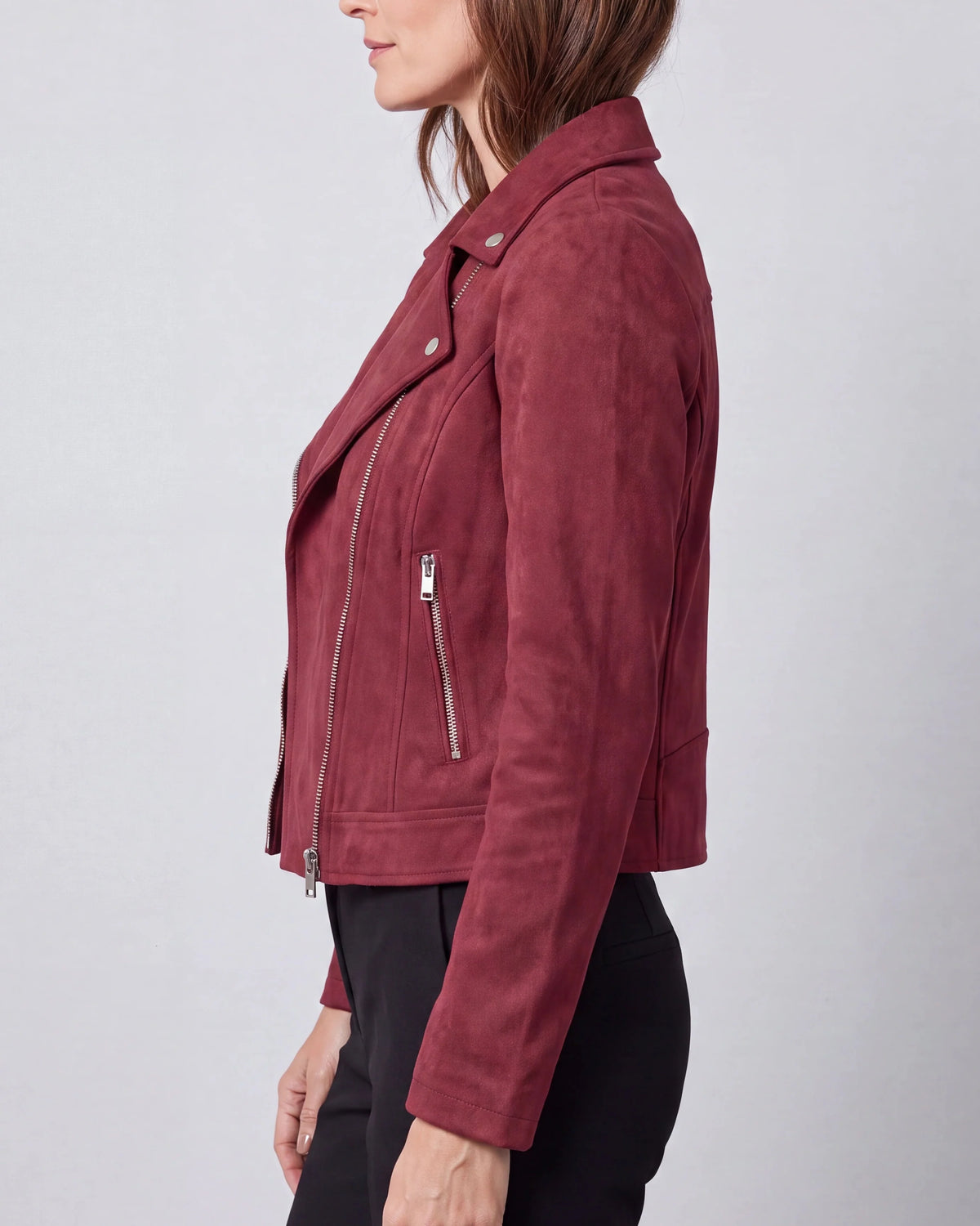 Women's Biker Jacket – Cropped Faux Suede, Lapel Collar