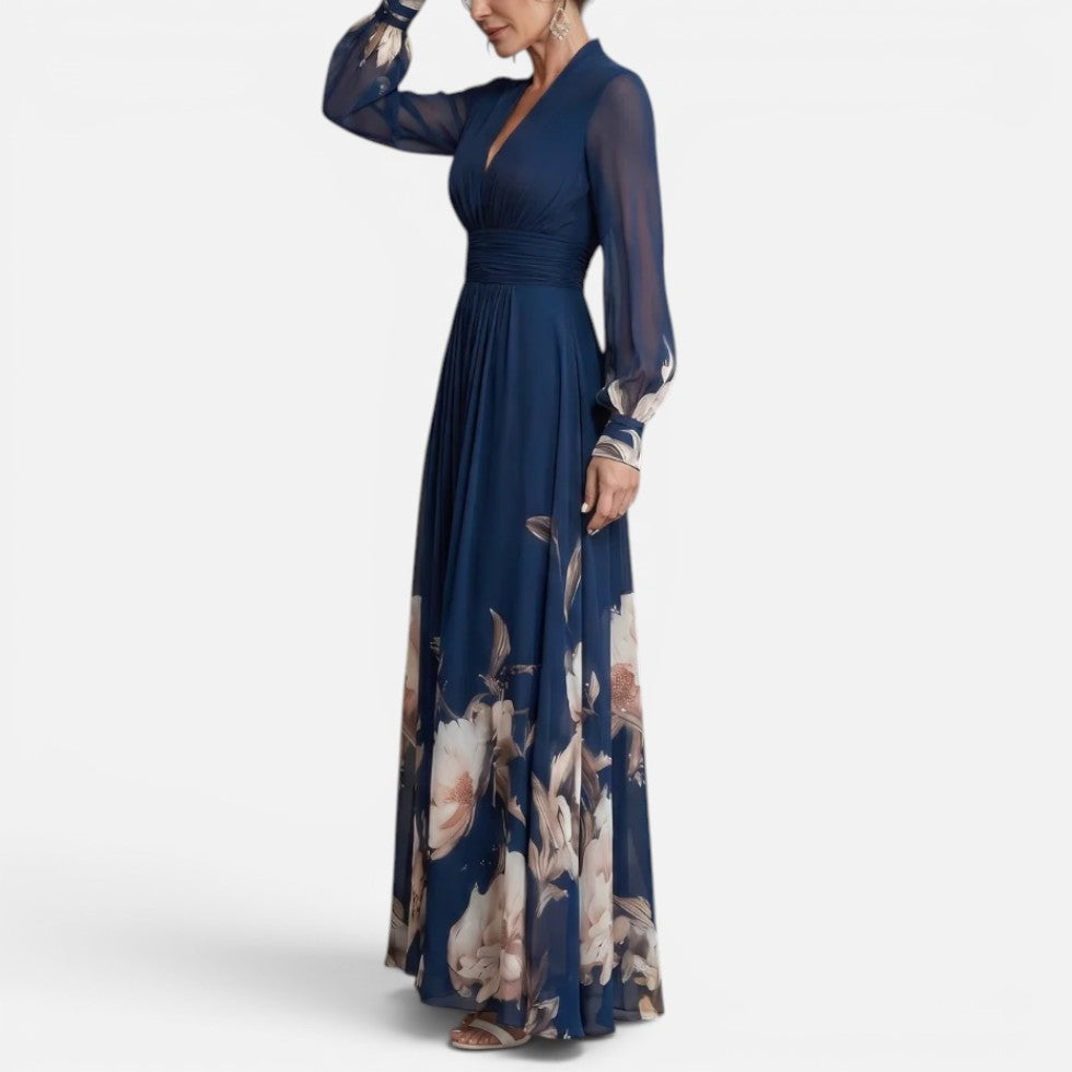 Women's Floral Maxi Dress with V-Neck and Long Sleeves