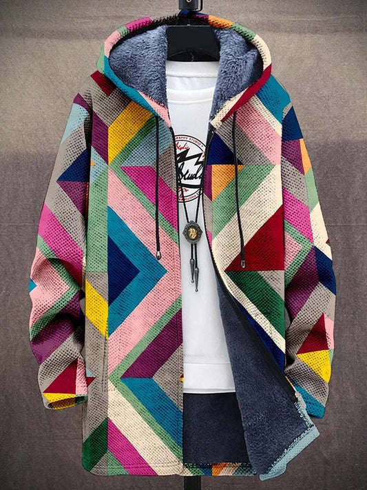 Men's Winter Hooded Jacket – Fleece Lining, Geometric Pattern