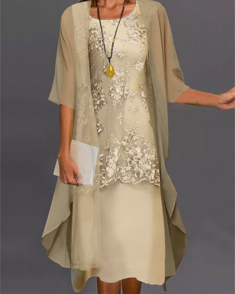 Women's Chiffon Midi Dress – Lace Overlay, Sheer Sleeves