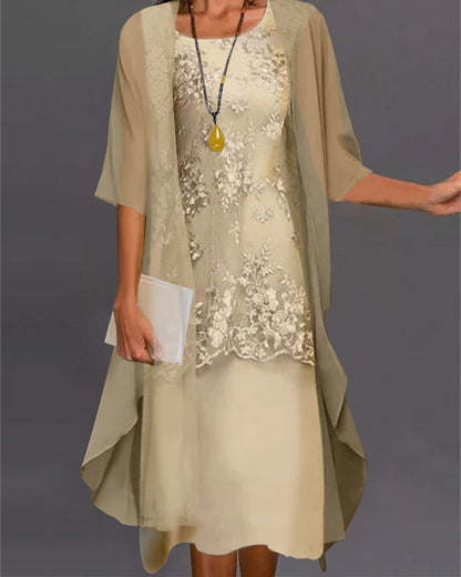 Women's Chiffon Midi Dress – Lace Overlay, Sheer Sleeves