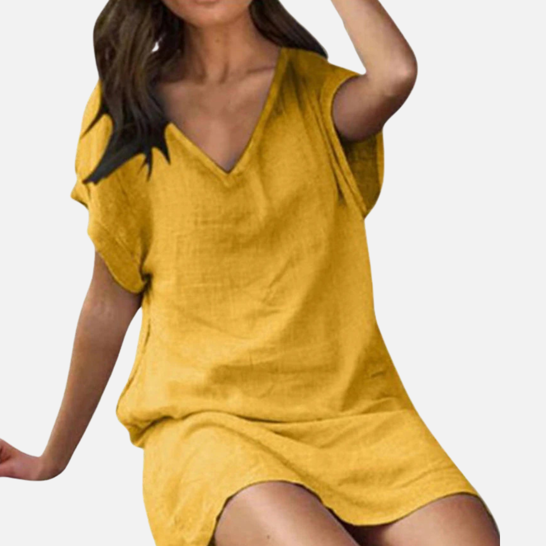 Linen Short Sleeve Dress with V-Neck