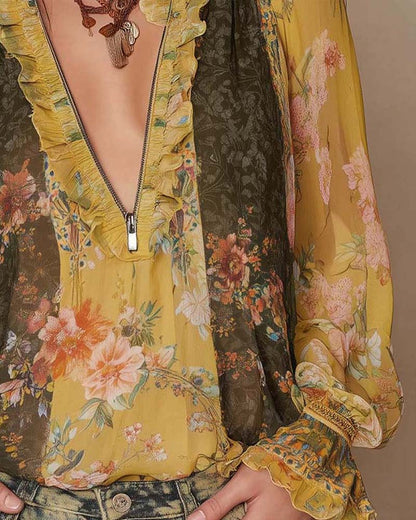Women's V-Neck Blouse – Floral Ruffle, Front Zipper