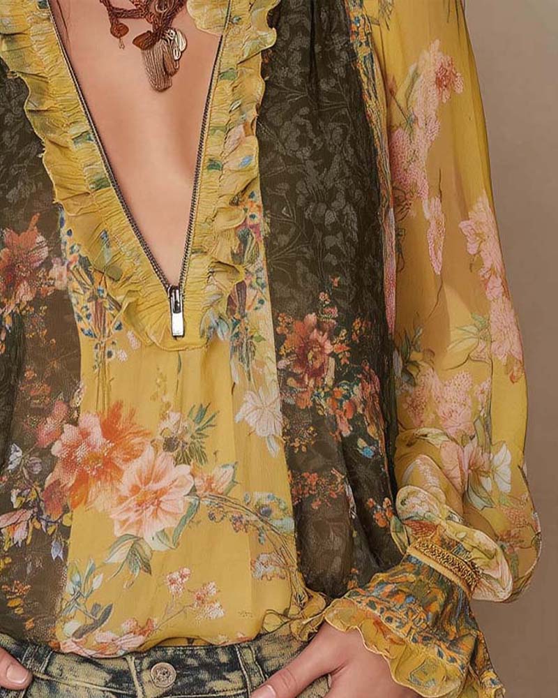 Women's Floral Ruffle V-Neck Blouse with Front Zipper