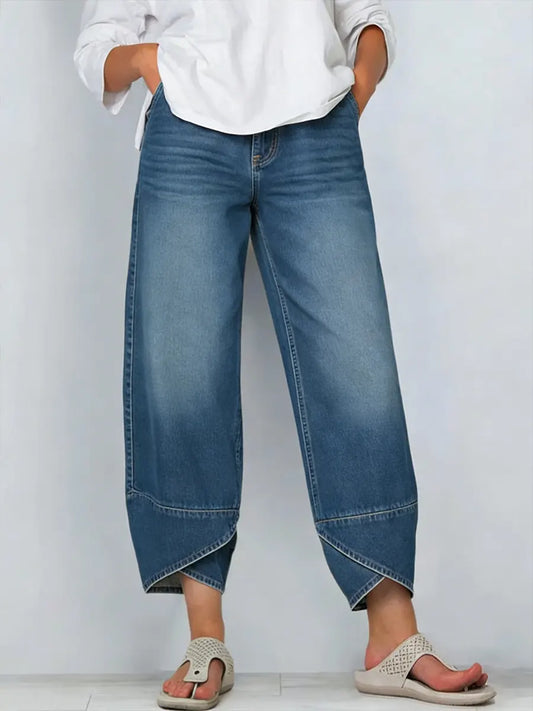 Women's Wide-Leg Denim Pants with Cross Hem