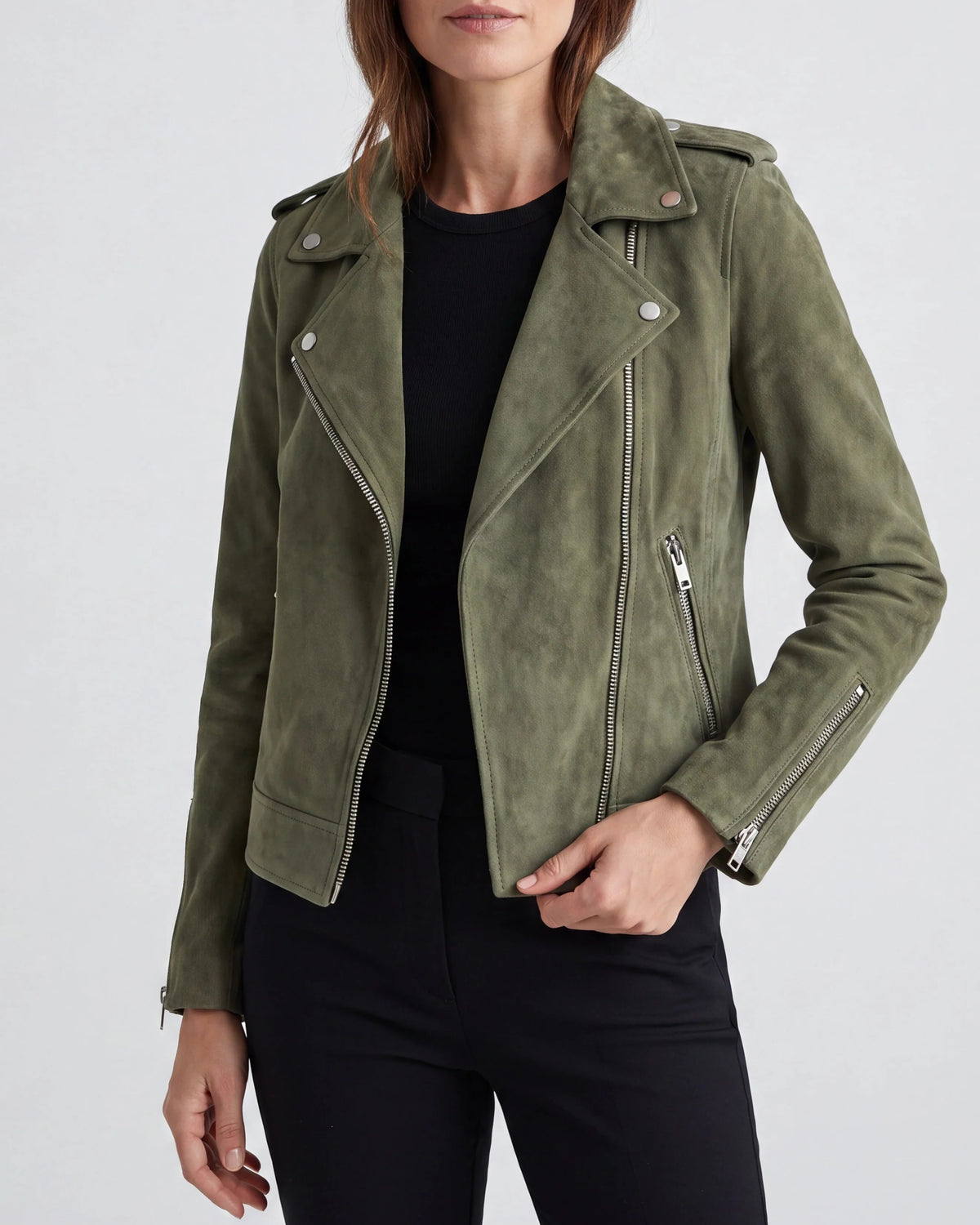 Women's Biker Jacket – Cropped Faux Suede, Lapel Collar