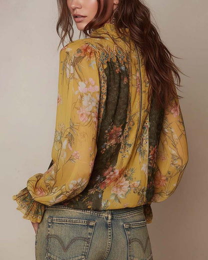 Women's V-Neck Blouse – Floral Ruffle, Front Zipper