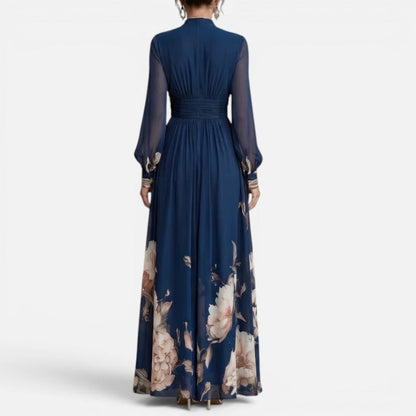 Women's Floral Maxi Dress with V-Neck and Long Sleeves