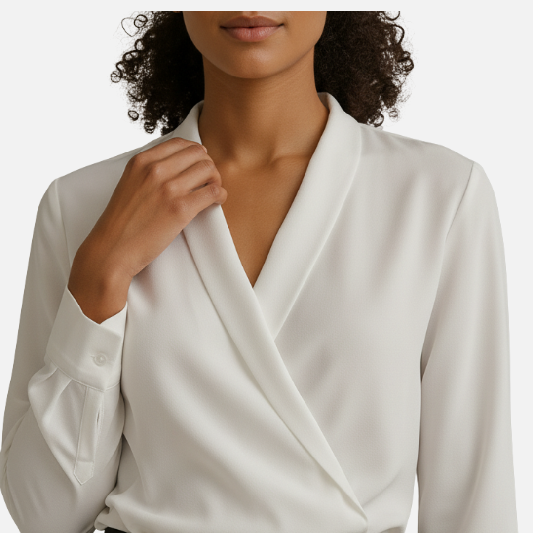 Women’s Elegant Wrap Blouse – Long Satin Sleeve V-Neck Top
