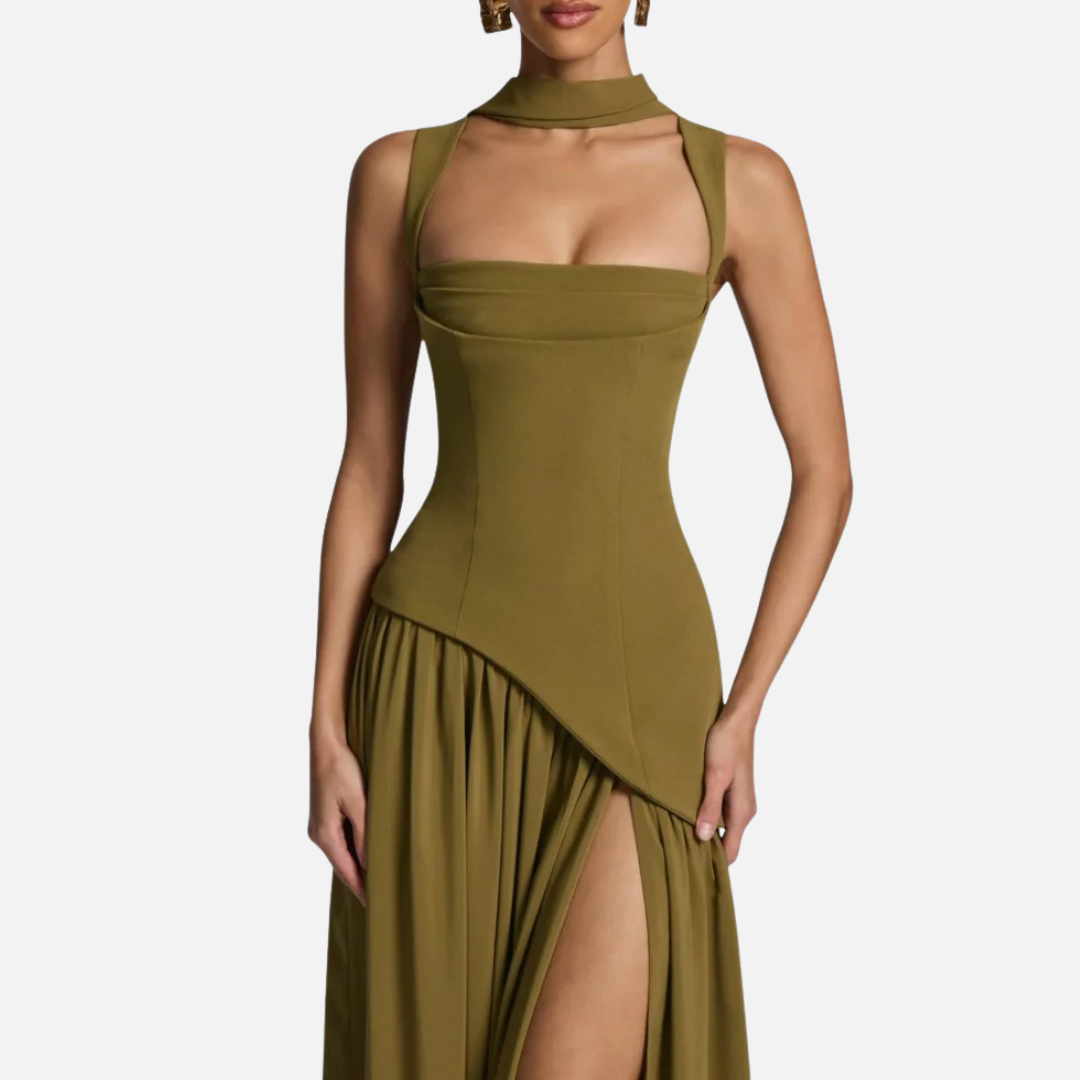 Maxi Halter Dress Olive Green with Slit