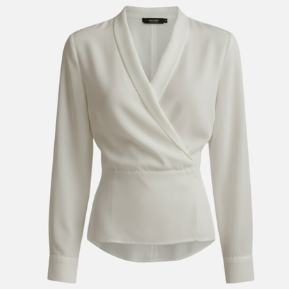 Women’s Elegant Wrap Blouse – Long Satin Sleeve V-Neck Top