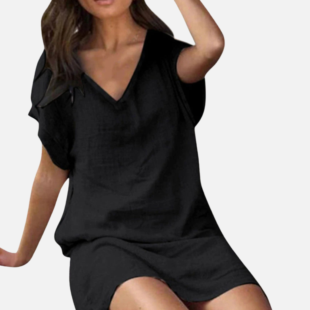 Linen Short Sleeve Dress with V-Neck