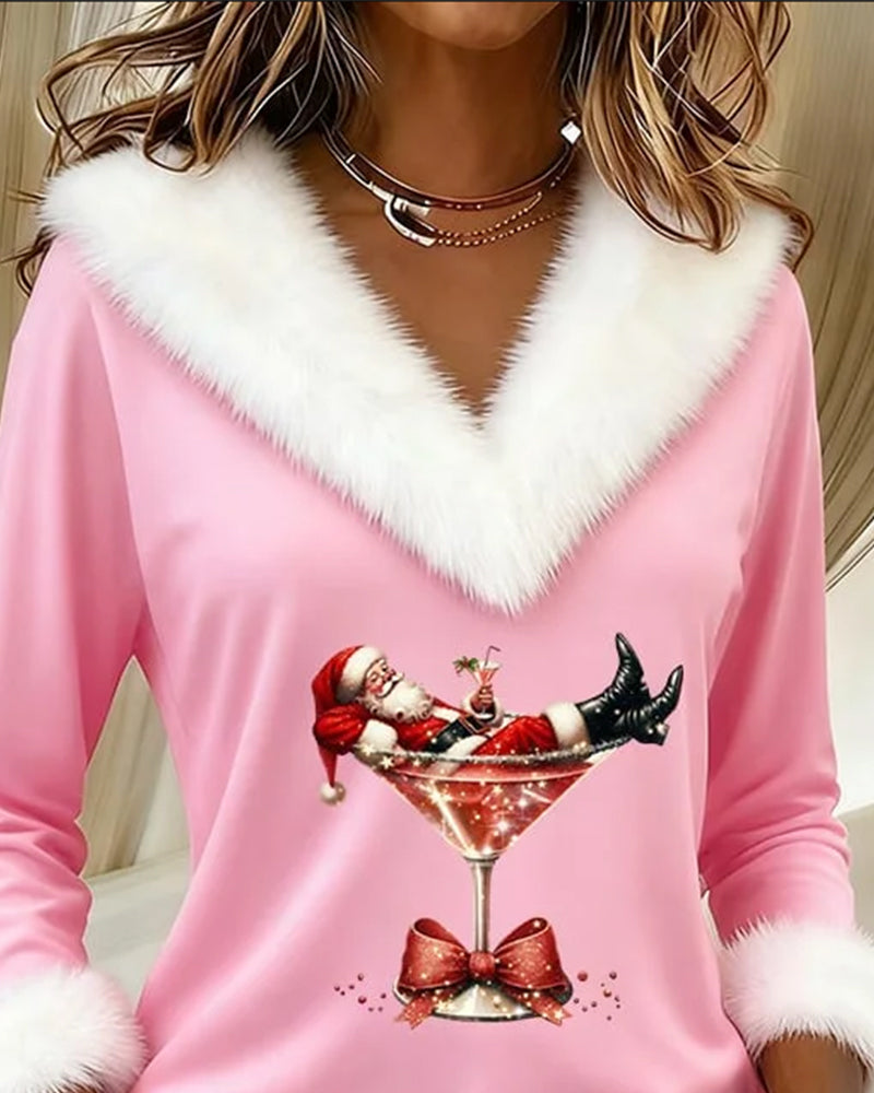 Women's V-Neck Faux Fur Trim Graphic Top