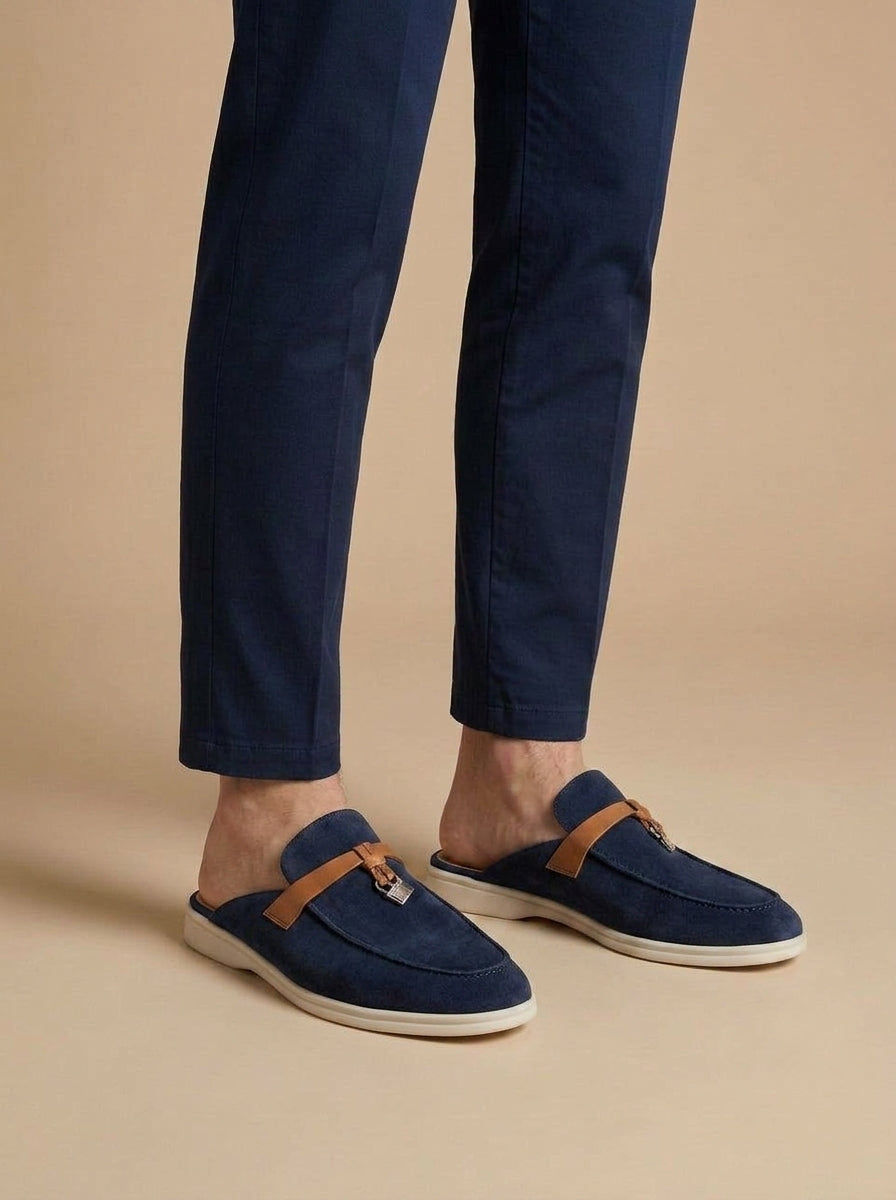 Lorenzo | Men's Suede Mule Loafers Slip-On — Dark Blue