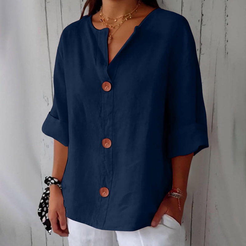 Women's Loose V-Neck Blouse with Front Buttons