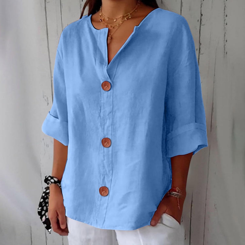 Women's Loose V-Neck Blouse with Front Buttons