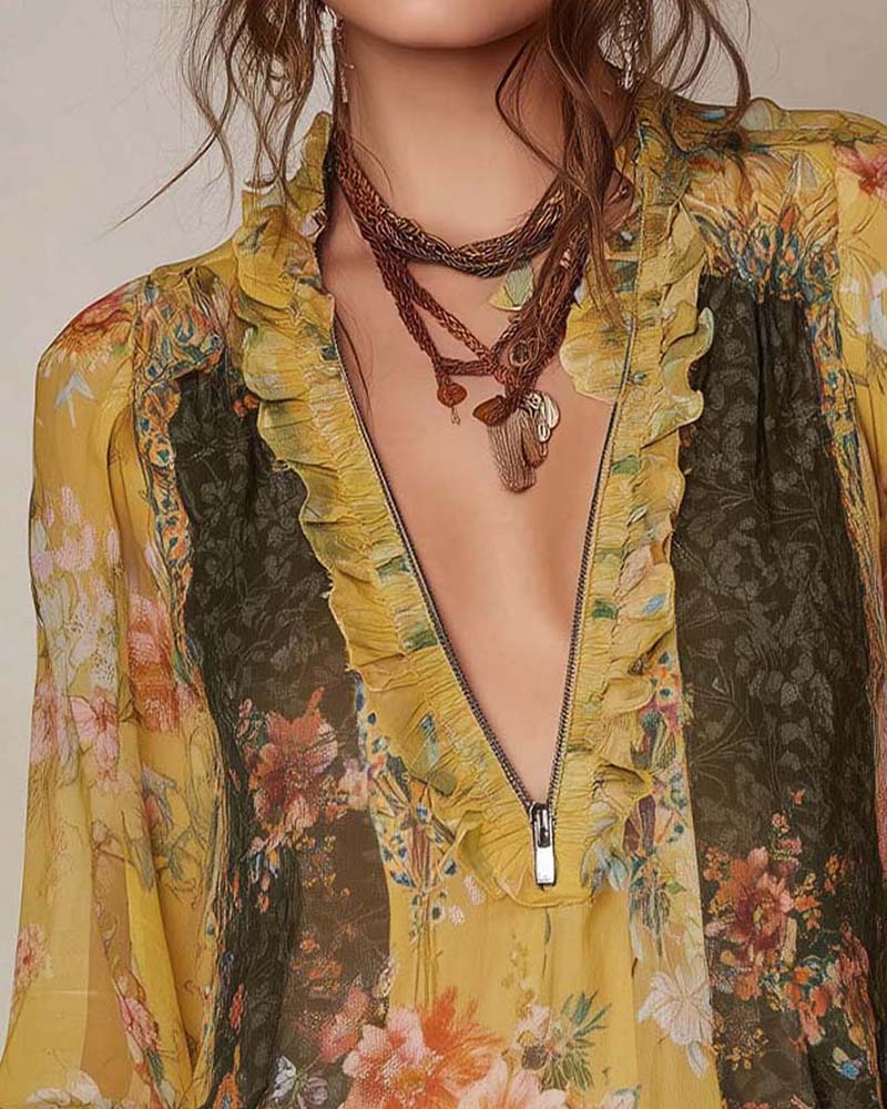 Women's V-Neck Blouse – Floral Ruffle, Front Zipper