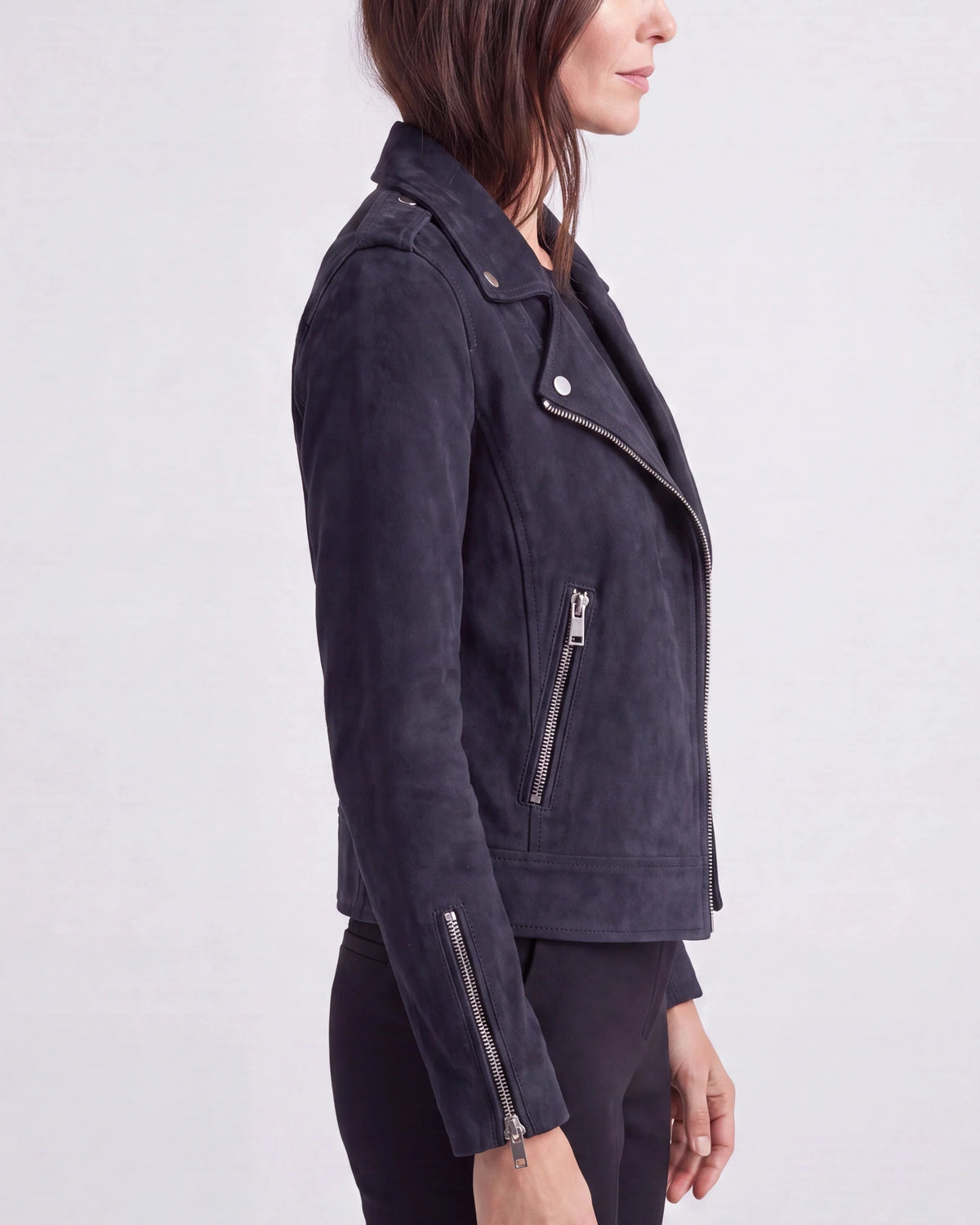 Women's Biker Jacket – Cropped Faux Suede, Lapel Collar