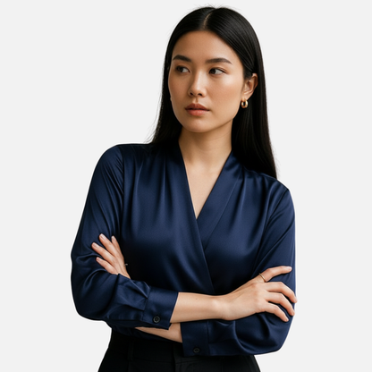 Women’s Elegant Wrap Blouse – Long Satin Sleeve V-Neck Top