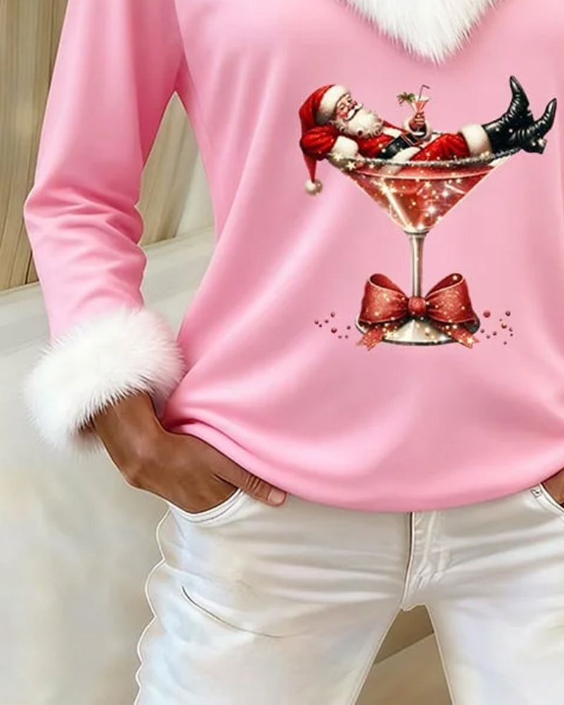 Women's V-Neck Faux Fur Trim Graphic Top