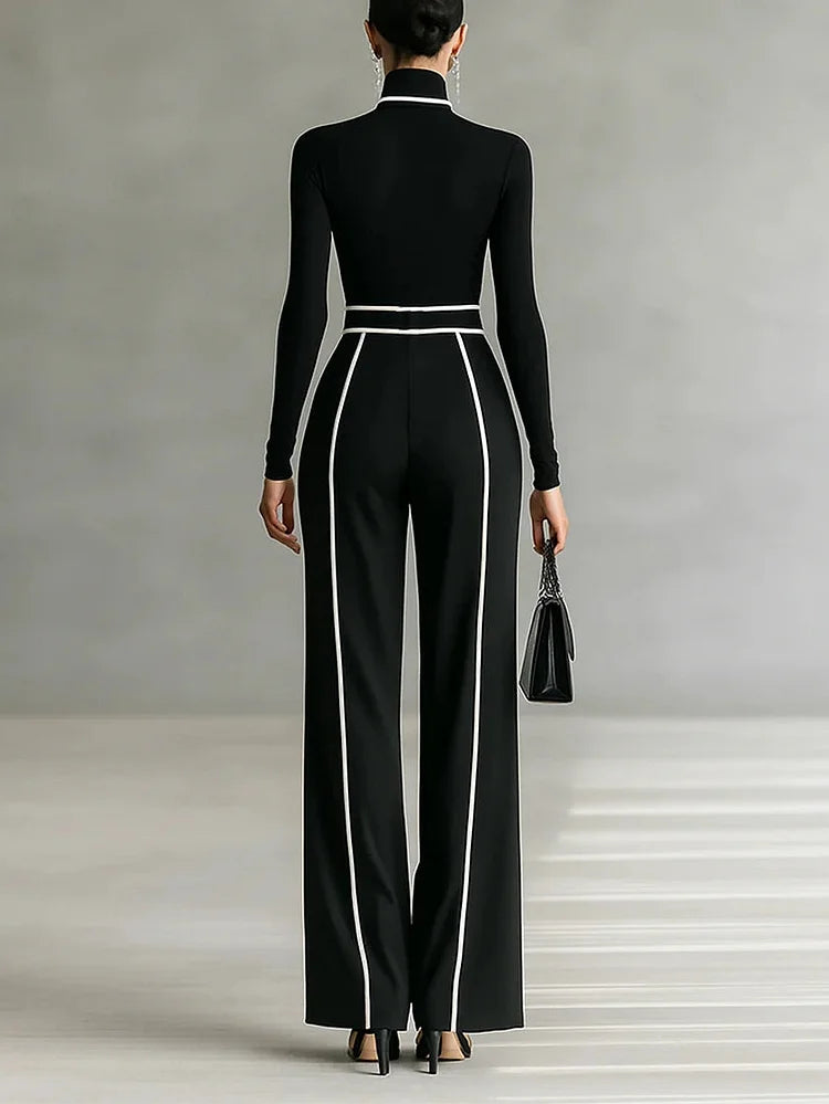 Women's High Neck Top and Wide-Leg Pants Set with Belt