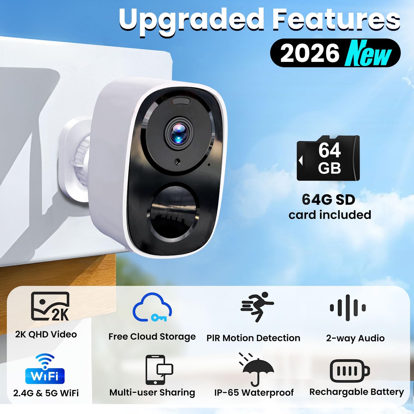 2K Wireless Outdoor Security Camera 5G WiFi Solar 5200mAh – Home
