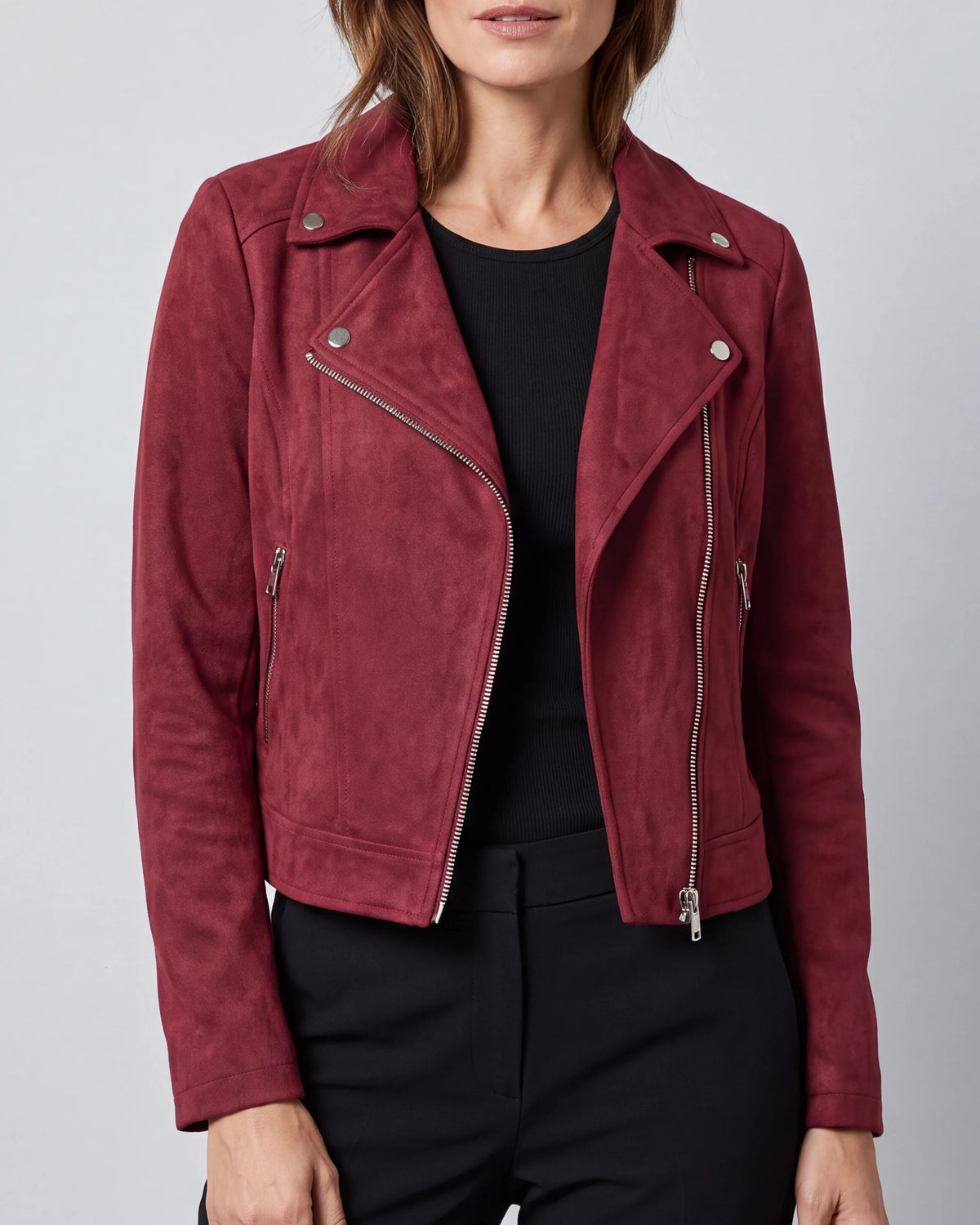 Women's Biker Jacket – Cropped Faux Suede, Lapel Collar